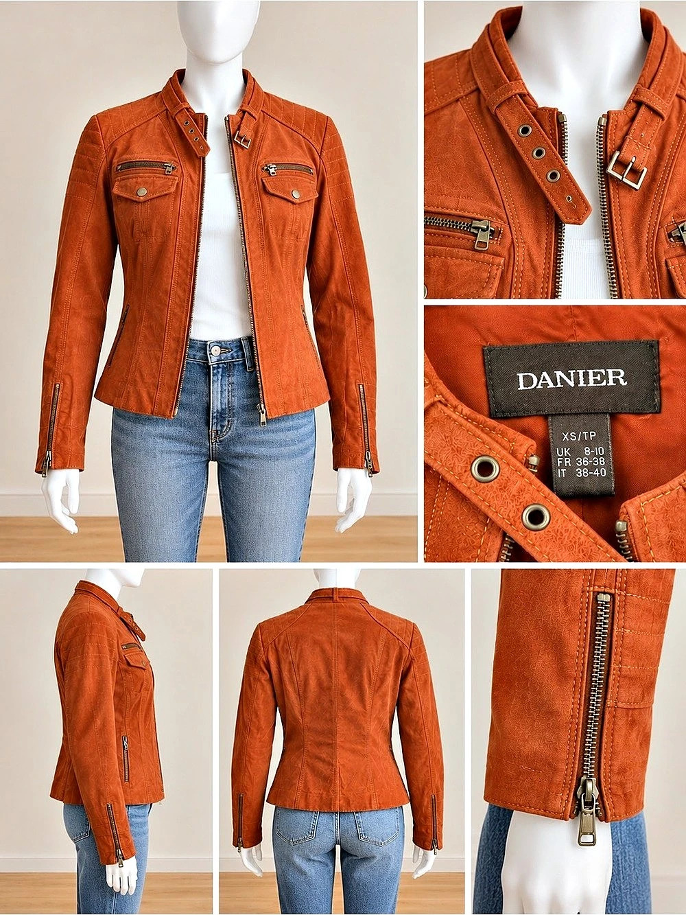 Danier Rust Orange Leather Moto Biker Jacket XS